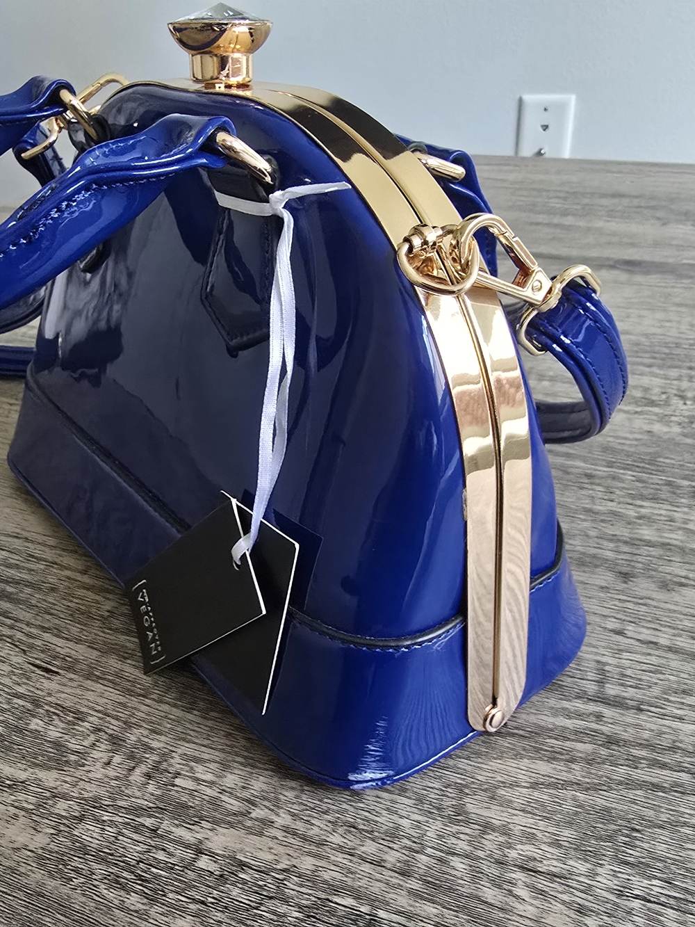 Glossy Royal Blue Patent Dome Clutch with Gold Hardware